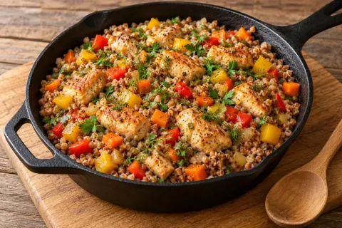 Куриная грудка с гречкой и овощами на одной сковороде