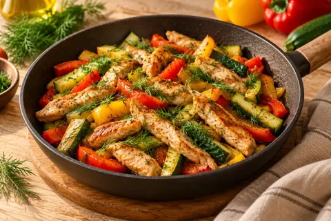 Индейка с кабачком и перцем на сковороде