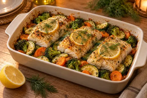 Запечённый минтай с овощами
